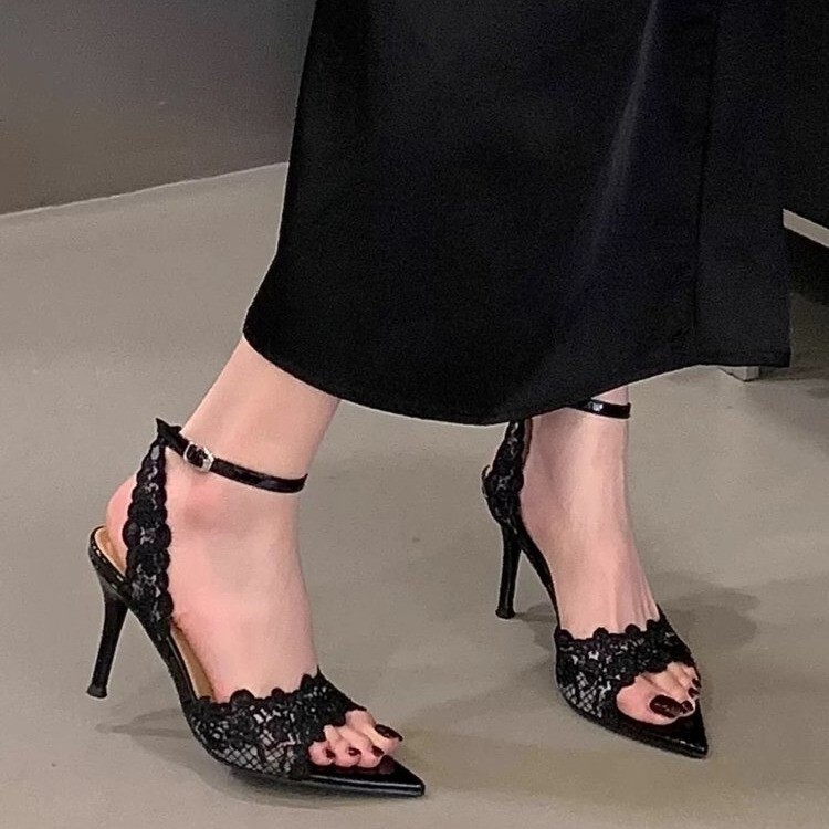 2026 New Style Black Lace Pointed-Toe Stiletto Sandals, Versatile and Comfortable Fashion Shoes