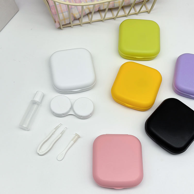 Nueva caja de lentes de contacto de color caramelo con espejo, caja de lentes de contacto de belleza de color sólido pequeña y portátil, caja de cuidado de lentes de contacto