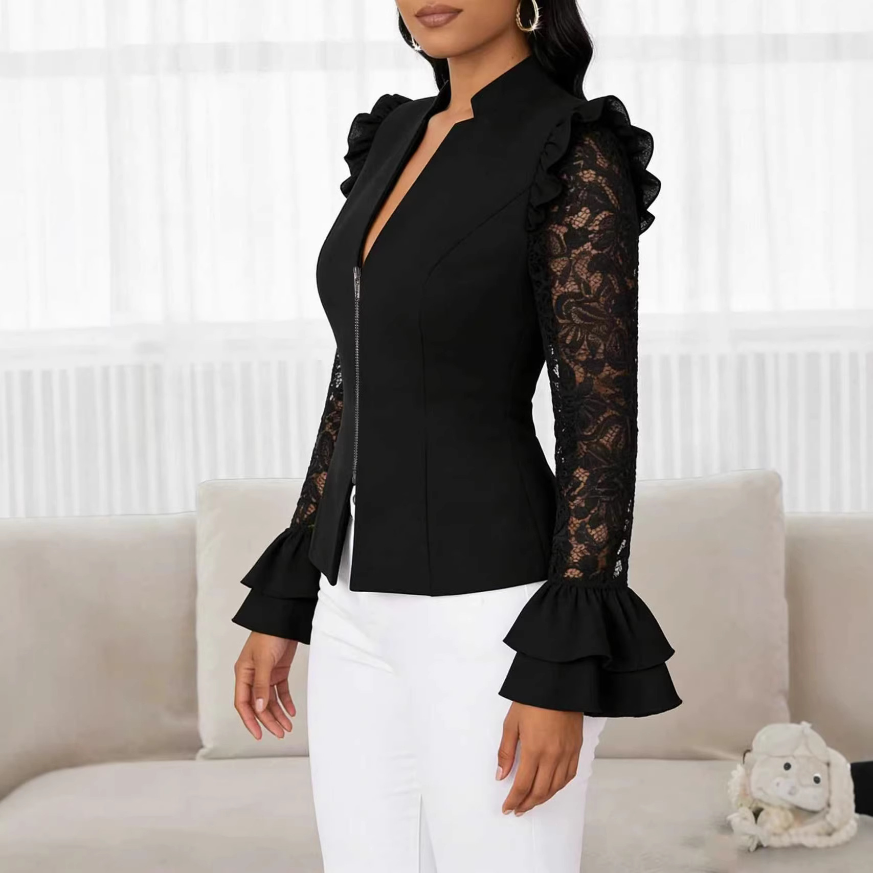 Kurze Damenbluse mit V-Ausschnitt und Spitze – Langärmliger Cardigan mit Reißverschluss (Elegant, leicht, vielseitig zum Kombinieren)_voghion.com