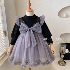 Girls' Dress Autumn 2024 High-End Little Girl Birthday Gown Tulle Dress Butterfly Bow Puffed Sleeve Princess Dress