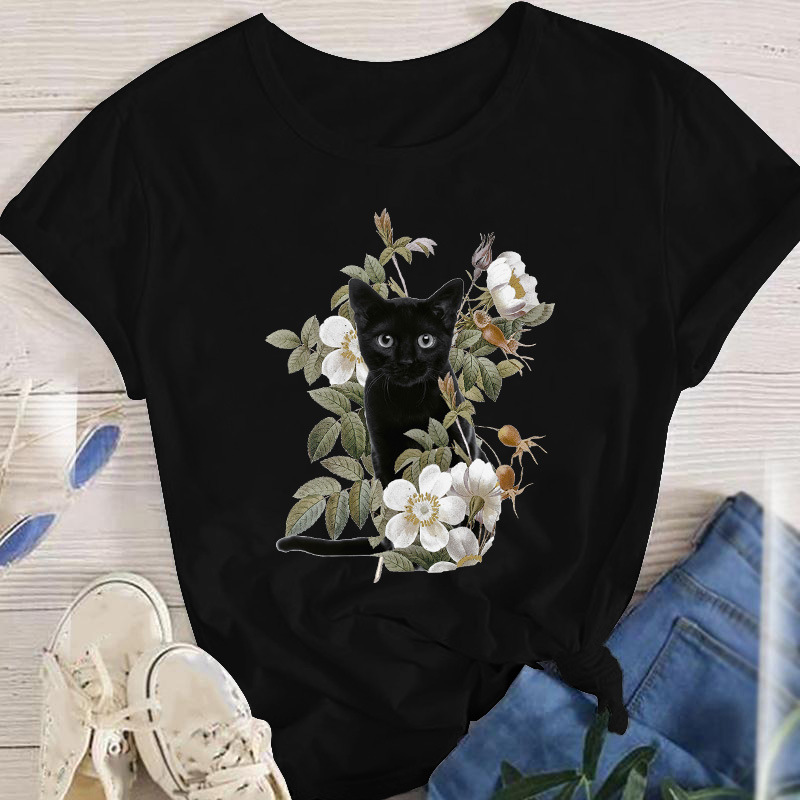 Women's T-shirt Short Sleeve T-shirts Printing Fashion Cat Flower display picture 5