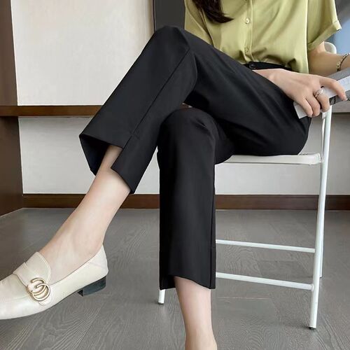 Women's Summer Ice Silk High-Waisted Droopy Feel Trendy Thin Slim Straight Leg Suit Pants with 9/10 Length