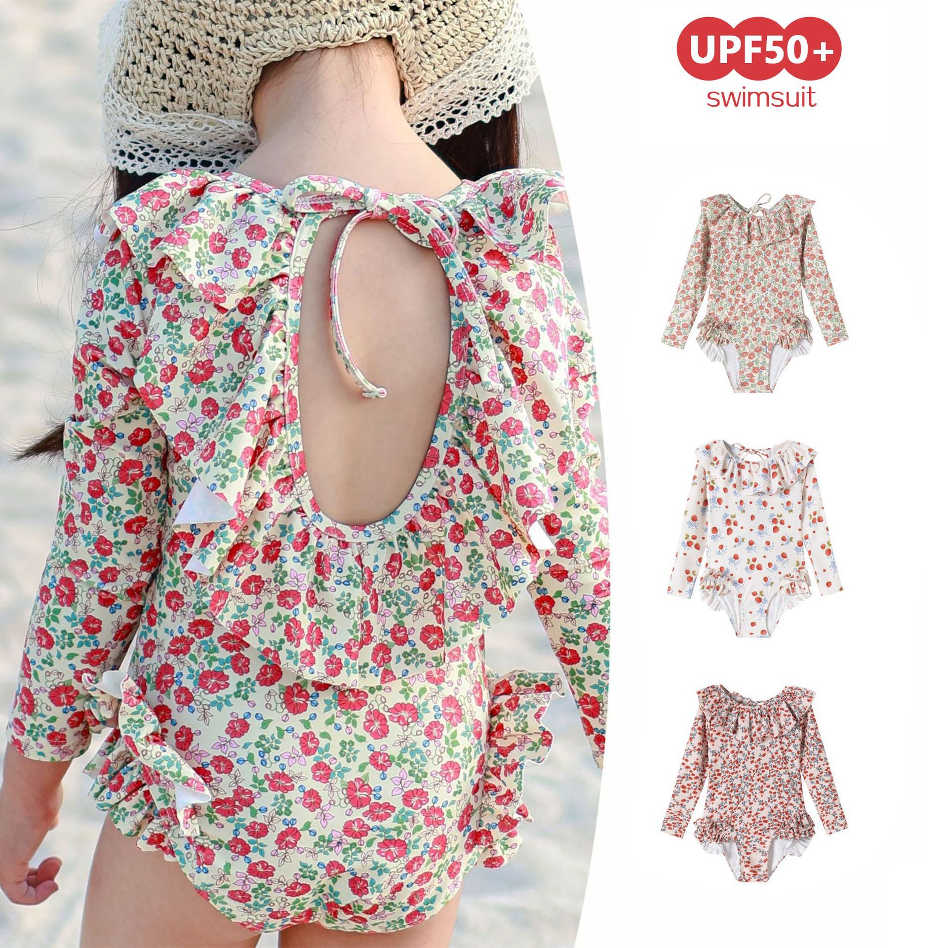 Girls' Instagram-Style Beach Vacation Backless One-Piece Swimsuit, 26-Year-Old Baby Long-Sleeve Sun-Protective Swimsuit, Cute Princess Swimwear