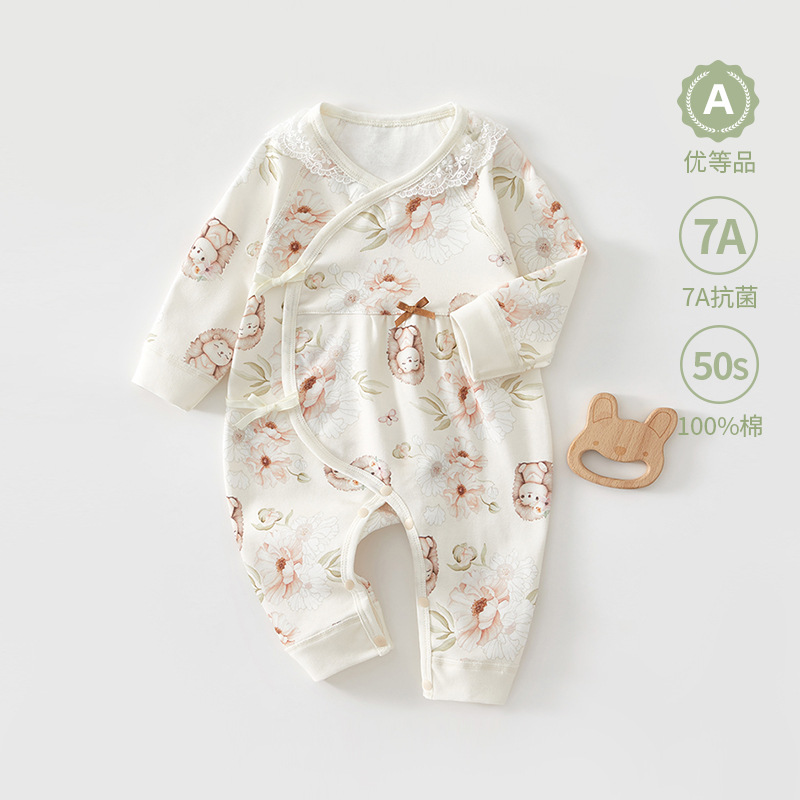婴儿衣服女宝纯棉提花连体衣长袖甜美公主风哈衣爬服宝宝春季衣服