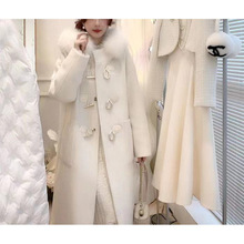 羽绒内胆羊毛呢子大衣女中长款2024冬新款狐狸毛领白鸭绒加厚连帽