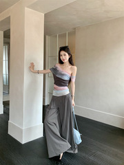 ワンショルダーレトロタイダイ半袖チューブトップTシャツレディース夏プリーツスリムホットガールリバーシブルコントラストカラートップ