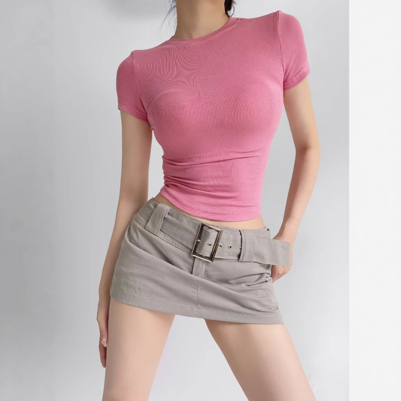 2023 Summer New Round Neck Slim Fit Exposed Navel Short Solid Color Short Sleeve Women's T-Shirt Wholesale