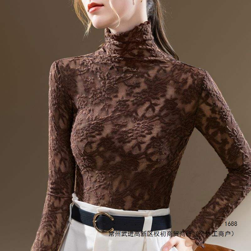 Thin, slightly sheer lace base layer top for women, new spring 2026 style, high neck, lace trim, sexy long-sleeved top.
