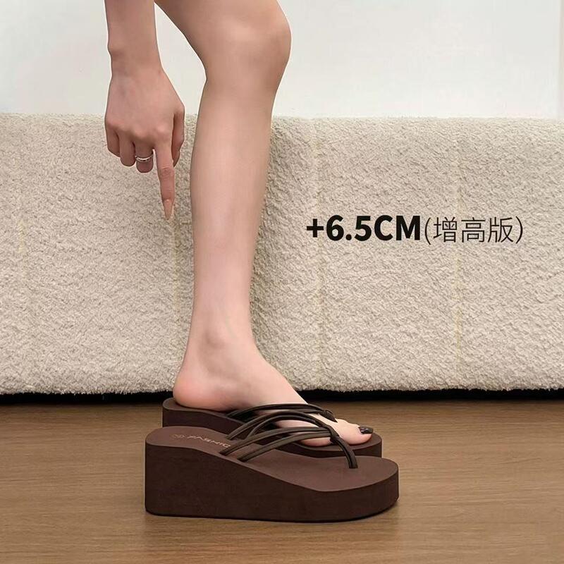 6.5cm thick-soled double-strap flip-flops for women, summer outdoor wear, wedge high heels, trendy beach thong sandals