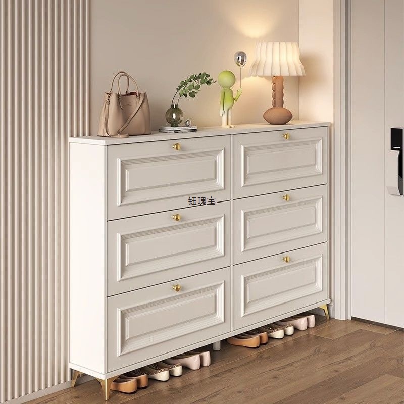 Cream-Colored Ultra-Thin Tipping Shoe Cabinet for Home Entrance, Small and Popular Entryway Cabinet, Economical and Space-Saving Shoe Rack