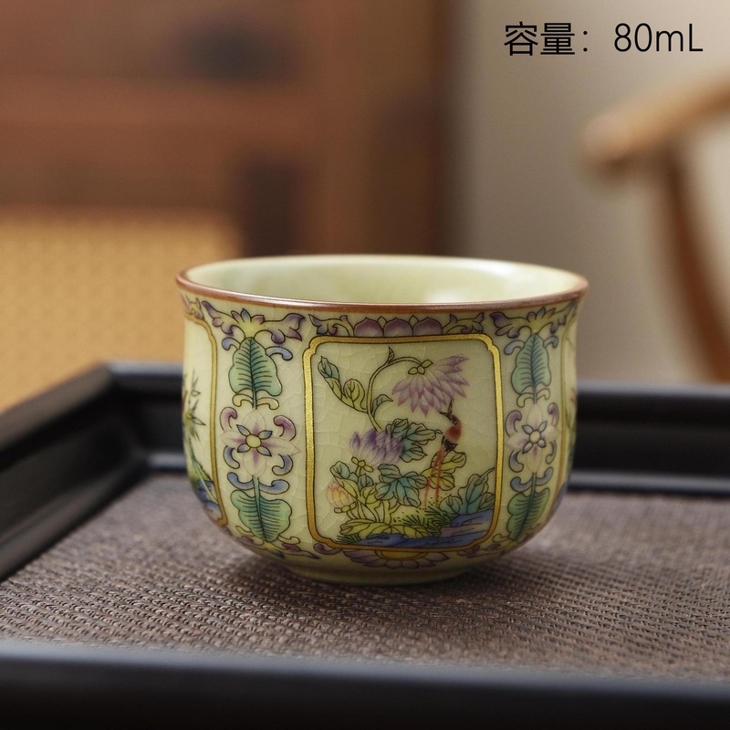 中国風ベージュ汝窯花鳥ティーカップマスターカップゲストカップオープンピースティーカップセラミックティーセットカンフーティーセット|undefined