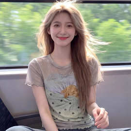 【双层弹力网】美式复古设计感小众短袖T恤女修身显瘦百搭上衣