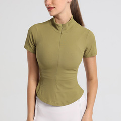 Spring and summer half-zip fitness wear women's short-sleeved sports running tops elastic tight sexy lapel short-sleeved T-shirts for women