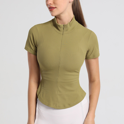 Spring and summer half-zip fitness wear women's short-sleeved sports running tops elastic tight sexy lapel short-sleeved T-shirts for women