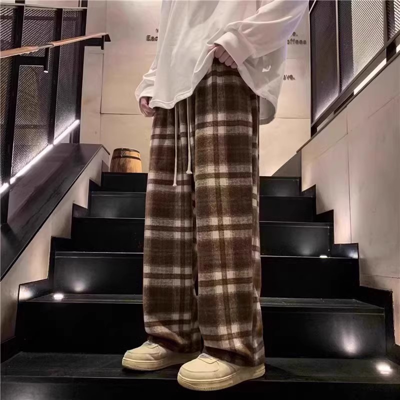 Pantalones a cuadros en blanco y negro Pantalones casuales de pierna ancha sueltos deportivos rectos con cordón retro americano Pantalones casuales para hombres