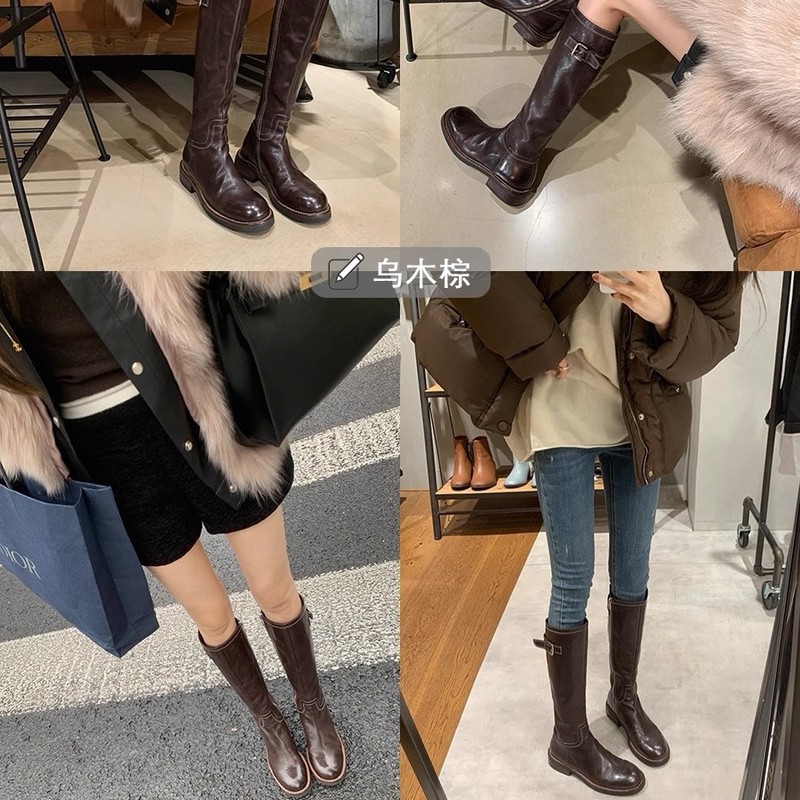 现货版~小众复古2025冬季不过膝长筒靴皮带扣厚底中筒骑士靴女|undefined