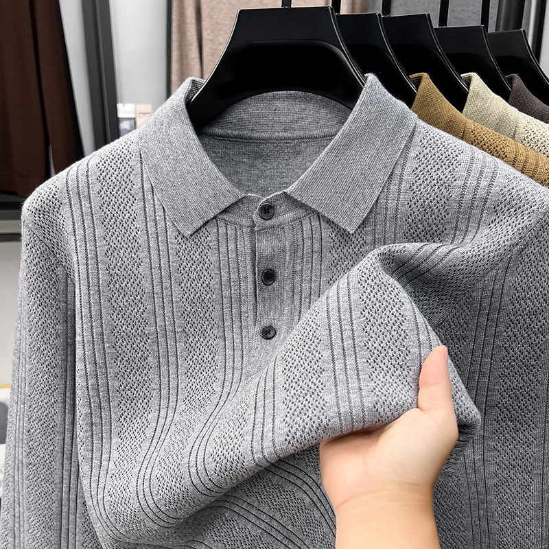 High-quality foreign trade men's autumn new casual solid color jacquard long-sleeve knitted sweater with a turn-down collar High-quality foreign trade men's autumn new casual solid color jacquard long-sleeve knitted sweater with a turn-down collar