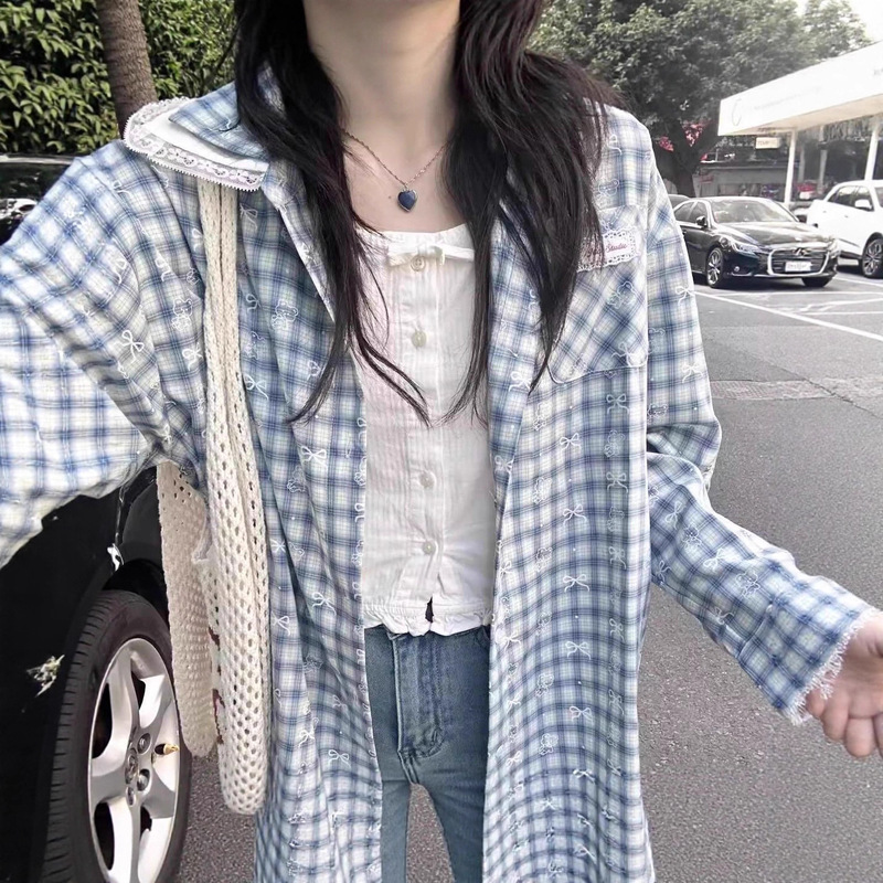 Girls Sweet Cool Lace Tops Women's Shirt 2025 Spring New Thin Long Sleeve Top Bow Printed Plaid