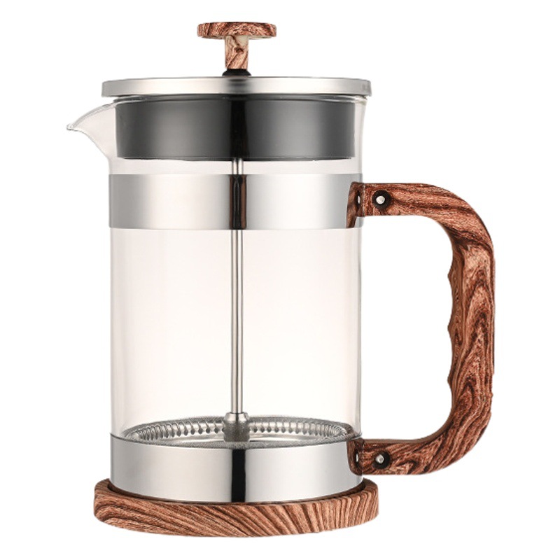 Wholesale wood grain handle thickened French pressure pot hand-made coffee milk bubble tea maker filter screen pot French pressure pot