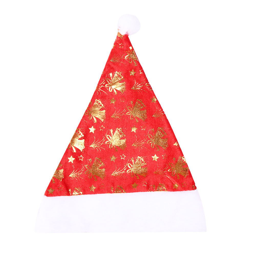 Gorro navideño con estampado dorado, gorro de terciopelo con lámina dorada gruesa, gorro navideño con decoración de campana y copo de nieve