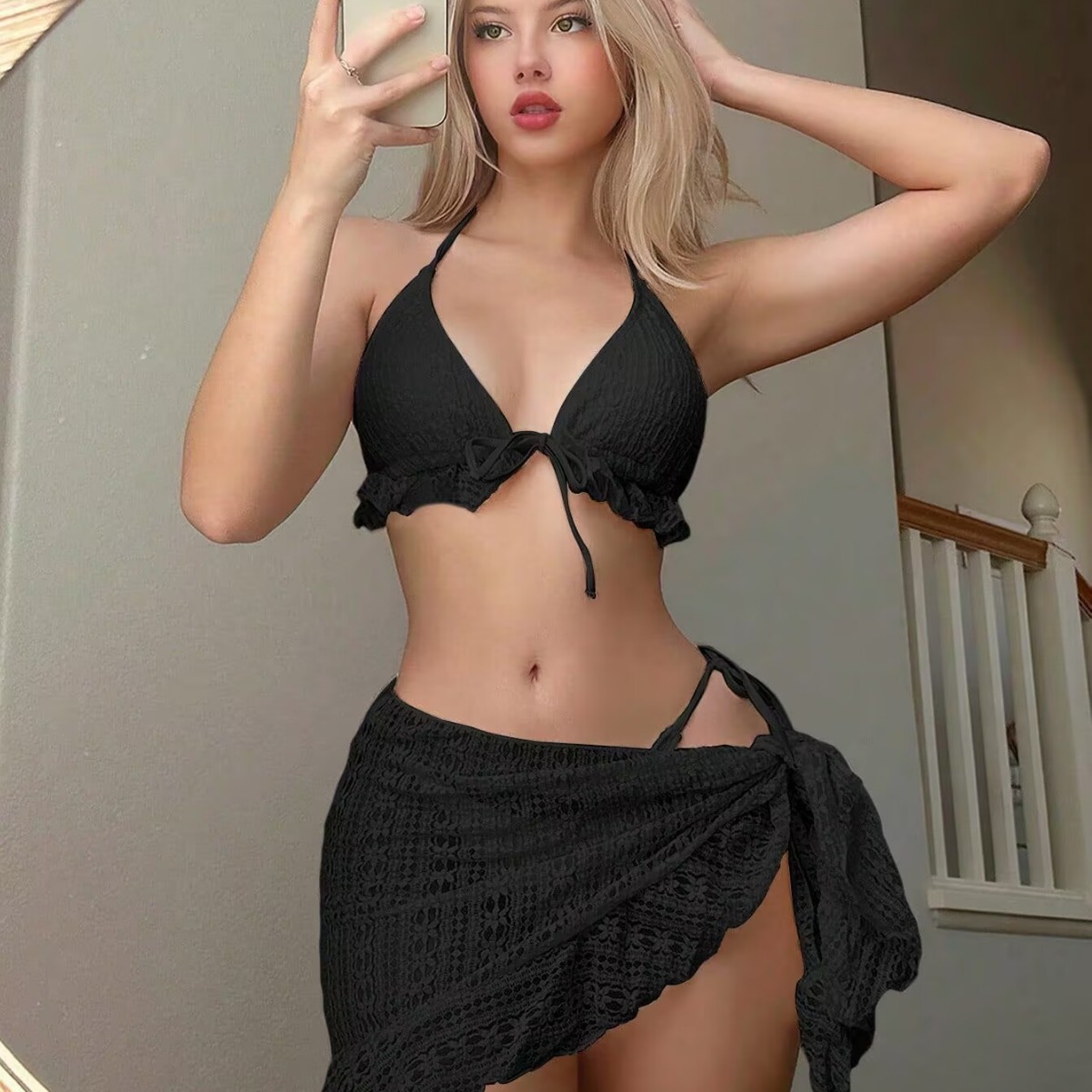 2025 European and American New Style Sexy Bikini Three-Piece Set with Gauze Skirt, Halter Neck Solid Color Swimsuit Hot Sale