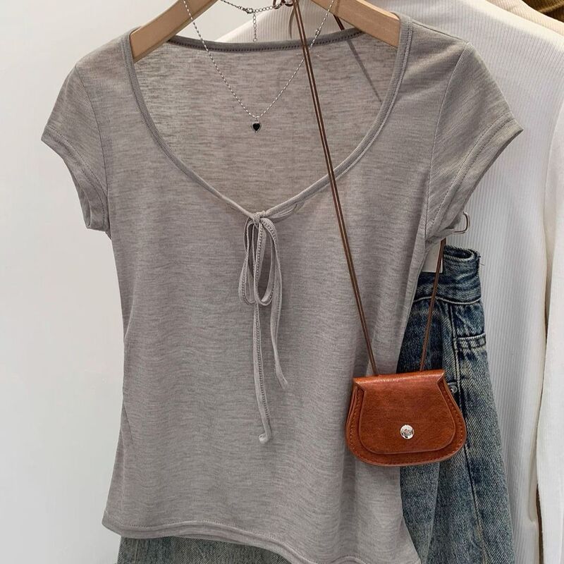 Stylish Thin Lace-Up U-Neck Short-Sleeve T-Shirt for Women, Summer New Style, Waist-Cinching, Slimming Tencel Lyocell Top