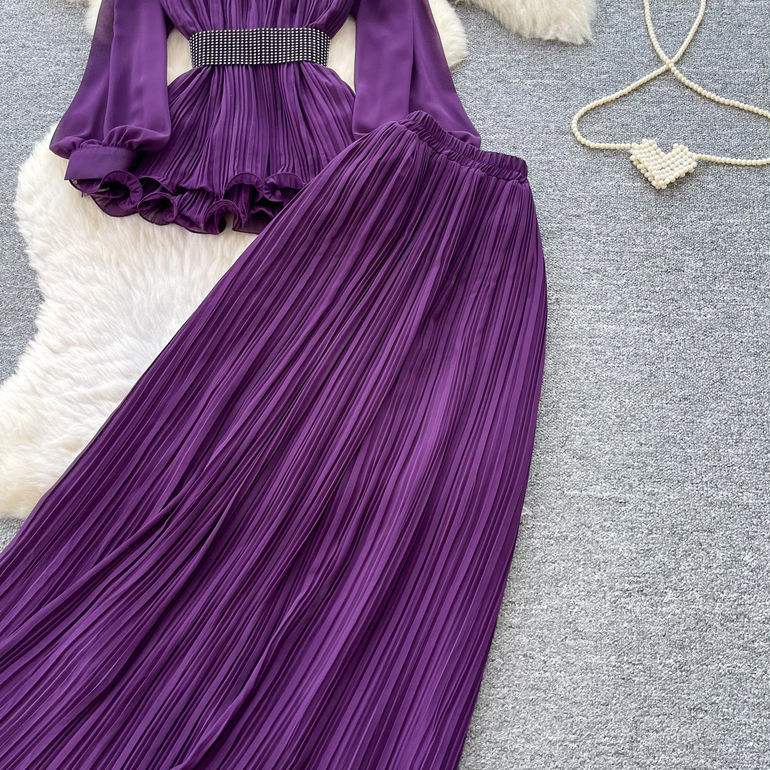 French Office Style Purple Lantern Sleeve Belted Ruffle Midi Dress For Women | Autumn Elegant Two-Piece Set_ecoleips.com