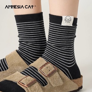 Black Striped Socks for Women, Summer Mid-Calf Socks, Paired with Birkenstock Shoes, Puppy Ins Trendy Korean Style Long Socks, Pure Cotton Slouch Socks