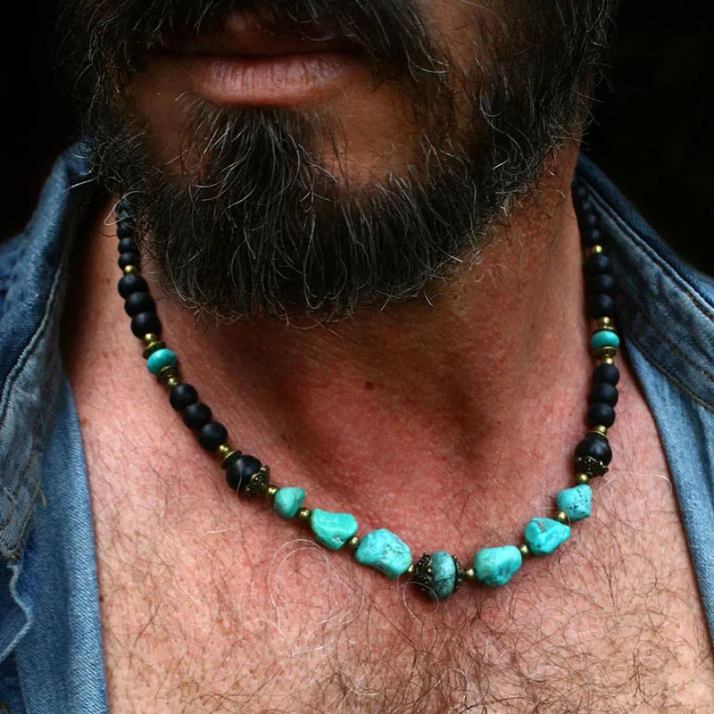 Cross-Border Men's Turquoise Volcanic Stone Necklace European and American New Style Bohemian Ethnic Personality Niche Hip-Hop Necklace Cross-Border Men's Turquoise Volcanic Stone Necklace European and American New Style Bohemian Ethnic Personality Niche Hip-Hop Necklace