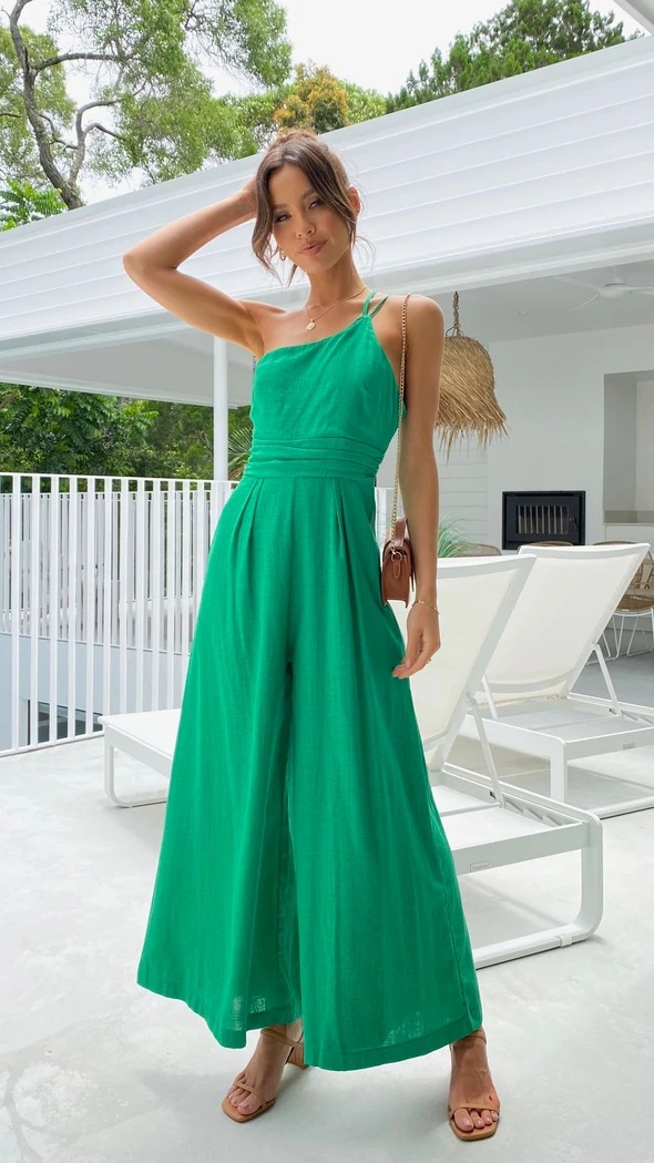 solid color sleeveless wide-leg cotton and linen sling jumpsuit  NSCXY120939