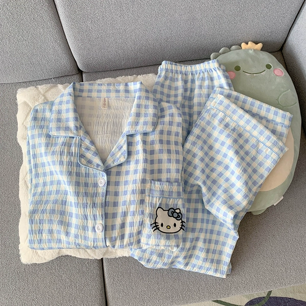 Blue plaid KT cat [Long Sleeve + Long Trousers]