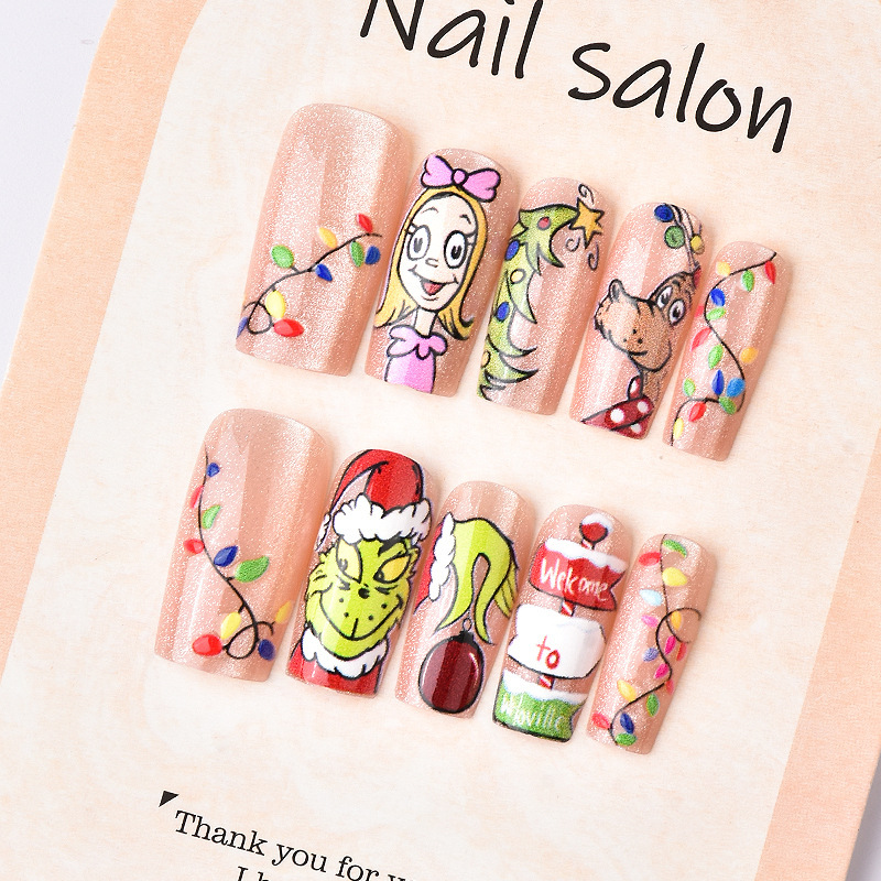Christmas Grinch Cartoon Nail Art, Christmas Tree Painted Cute Cat-Eye Nail Stickers, Reusable Christmas Grinch Cartoon Nail Art, Christmas Tree Painted Cute Cat-Eye Nail Stickers, Reusable
