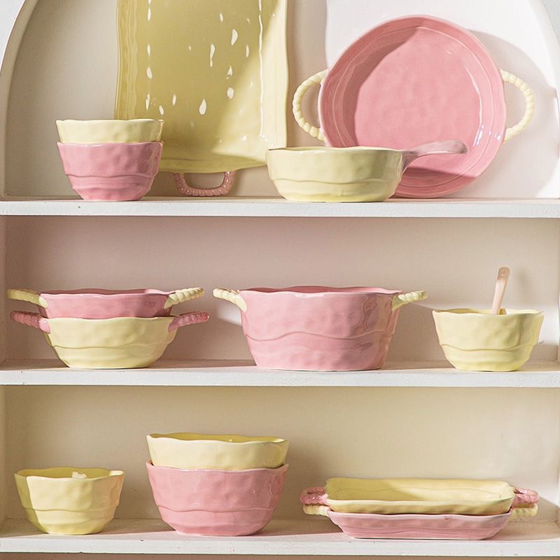 ins拼色高级感陶瓷手柄碗烤碗氛围感高颜值泡面碗沙拉水果酸奶碗