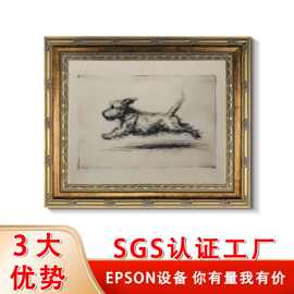 美式复古奔跑的狗狗素描客厅装饰画 欧式金色雕花动物卧室挂