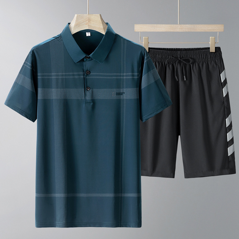 Papa de verano, traje casual de seda de hielo para hombres, camisa polo para hombres, manga corta, manga corta, traje de moda para hombres de mediana edad