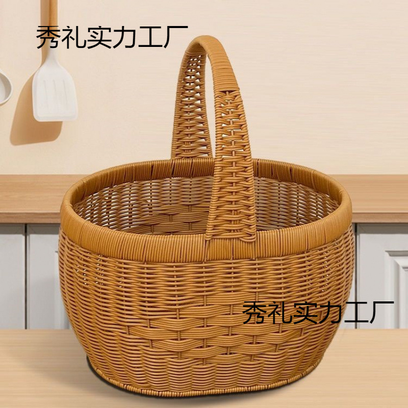 新款纯手工仿藤编织水果篮购物篮提篮鸡蛋手提菜篮子收纳采摘野餐|undefined