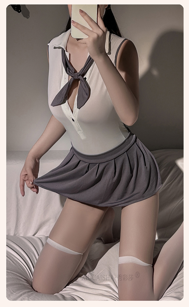 Sailor Role-Play Lingerie Set with One-Piece Skirt and Black Open-Crotch Stockings — detail image 9