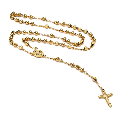Small jewelry wholesale titanium steel gold cross pendant long necklace bead chain sweater chain NC-057