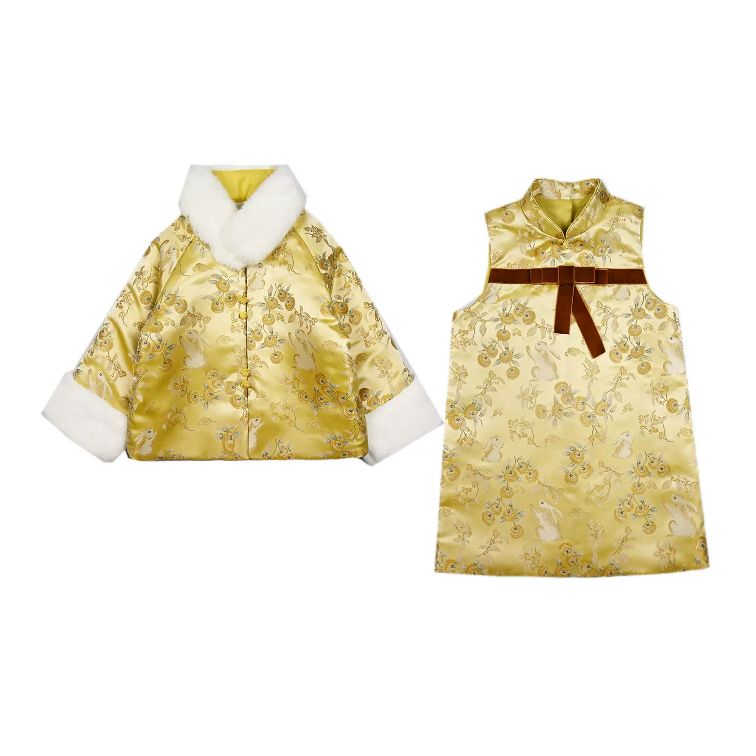 新万事如意织锦缎儿童旗袍宝宝新中式拜年服小女孩银兰貂夹棉外套