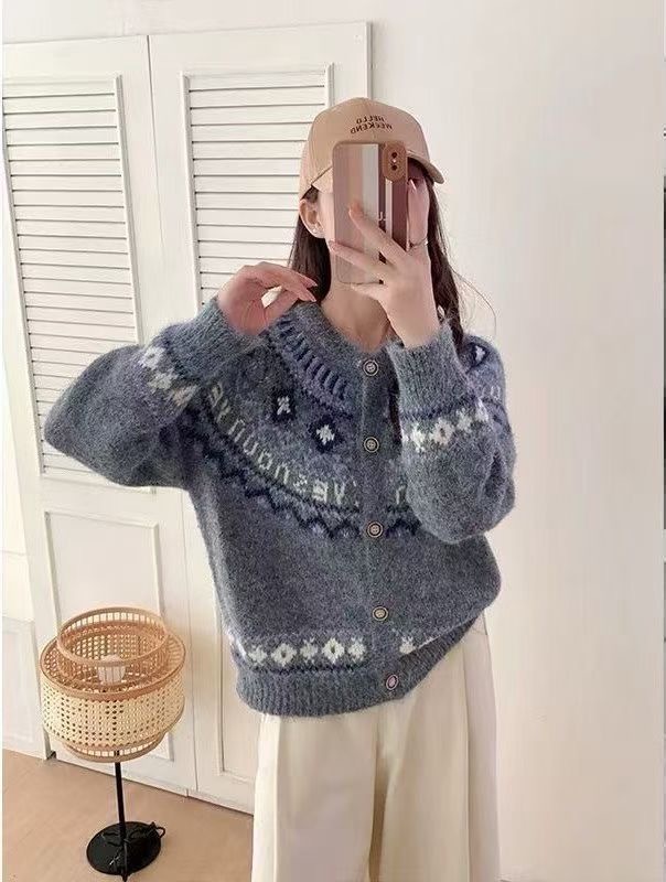 韩系复古费尔岛折线菱形提花针织开衫秋冬新款宽松慵懒风软糯毛衣|undefined