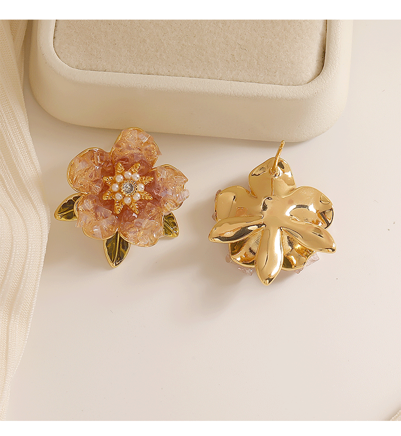14K Gold Plated Plating 1 Pair Sweet Flower Enamel Plating Inlay Copper Artificial Pearls Crystal 14k Gold Plated Ear Studs