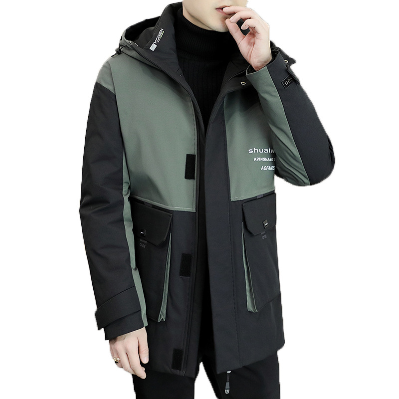 Abrigo juvenil de los hombres con capucha de longitud media más el tamaño de los hombres guapos chaqueta acolchada de algodón de invierno chaqueta acolchada de moda costura de moda engrosada