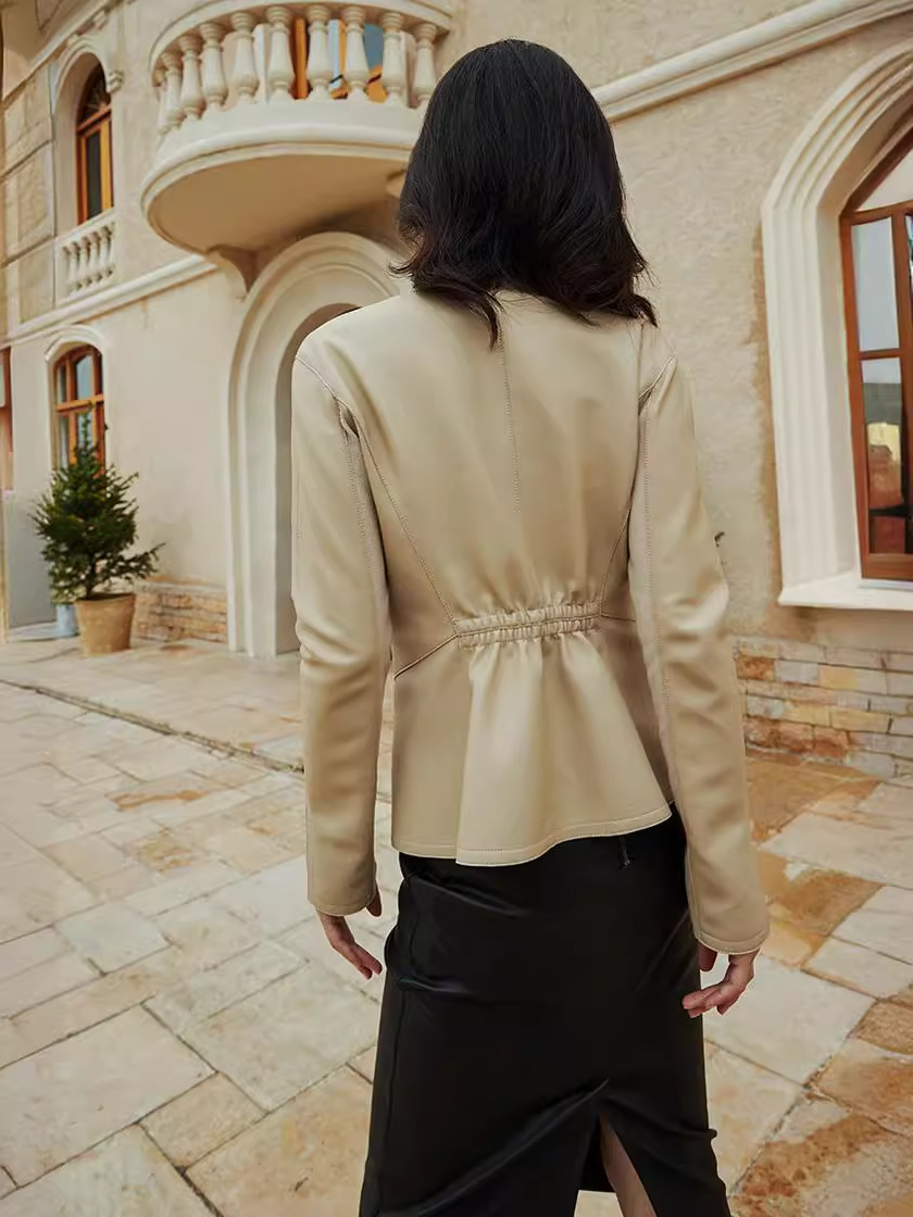 「多面優雅」シリーズの輸入綿羊皮洋気丸襟ウエストジャケットの本革皮服女性ショートタイプ