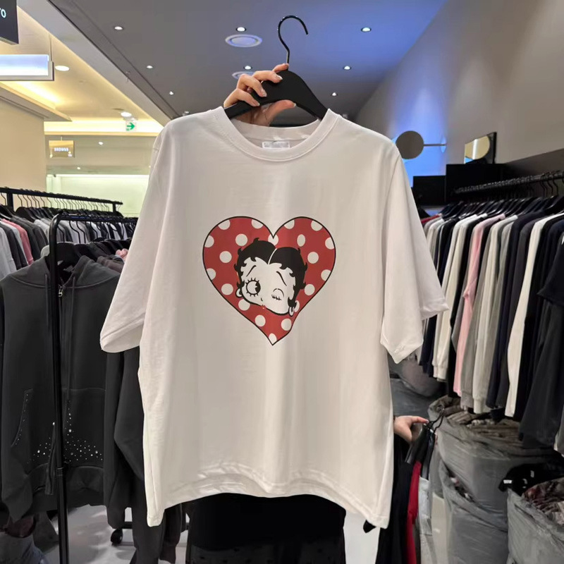 2026 Summer New Korean Style Trendy Versatile Cartoon Heart Betty Print Short-Sleeve T-Shirt for Women Loose Fit Trendy