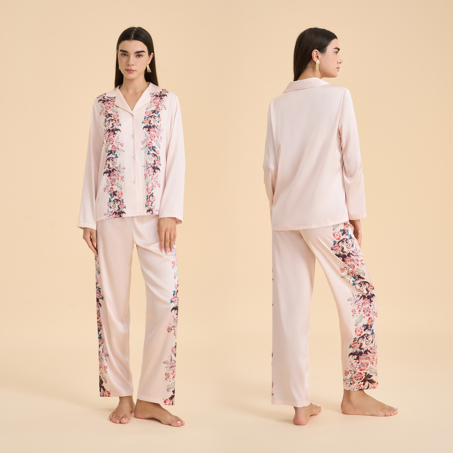 Conjunto de Pijama de Satén para Mujer TZ3999 de Chifón con Estampado y Cuello Solapa para Casa y Exterior