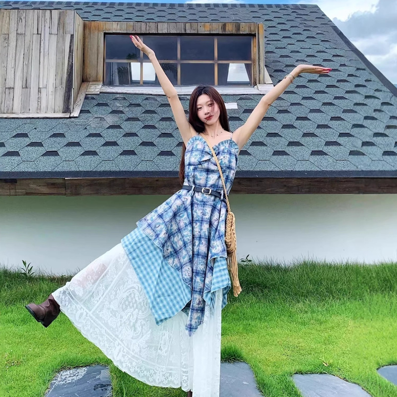 American-Style Blue Tie-Dye Plaid Suspender Dress for Women, 2026 Summer New Style, Elegant Irregular Mid-Length Dress American-Style Blue Tie-Dye Plaid Suspender Dress for Women, 2026 Summer New Style, Elegant Irregular Mid-Length Dress