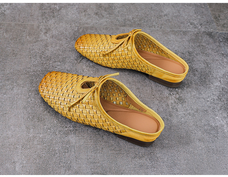 Dép sandal nữ bít mũi da bò thật đan chéo cổ điển đế mềm — màu be chi tiết 11