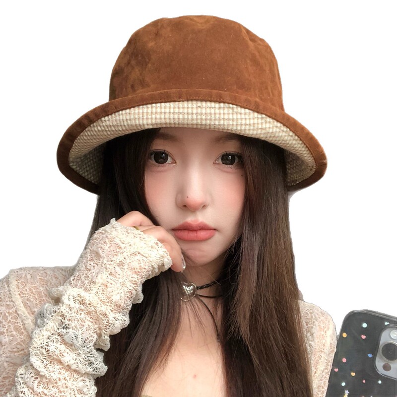 日系复古麂皮绒双面戴渔夫帽女秋冬季百搭显脸小盆帽防晒水桶帽子|undefined