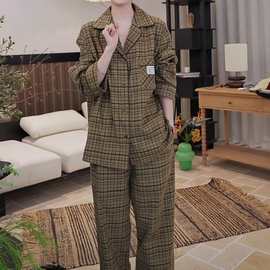 全棉睡衣秋冬款格子新款长袖长裤睡衣女开衫宽松休闲家居服套装