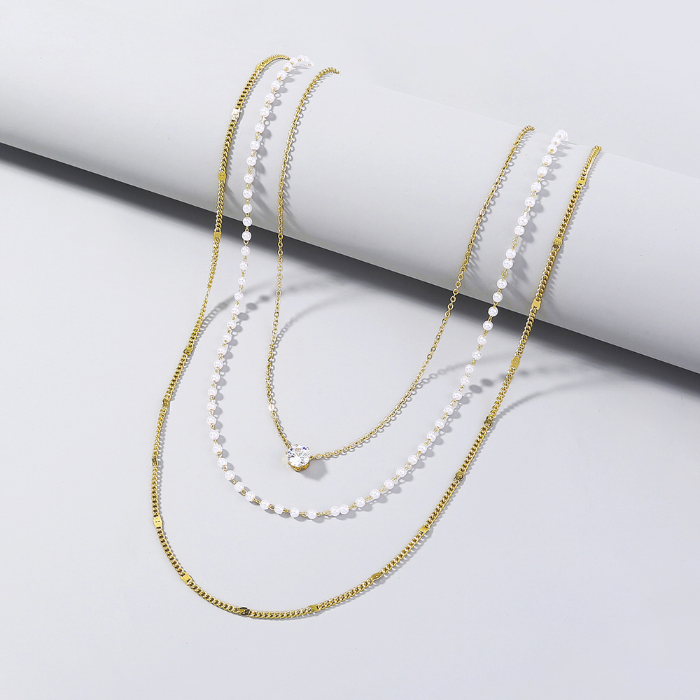 Creative Multilayer Zircon Pendant Necklace Imitation Pearl Alloy Clavicle Chainpicture2